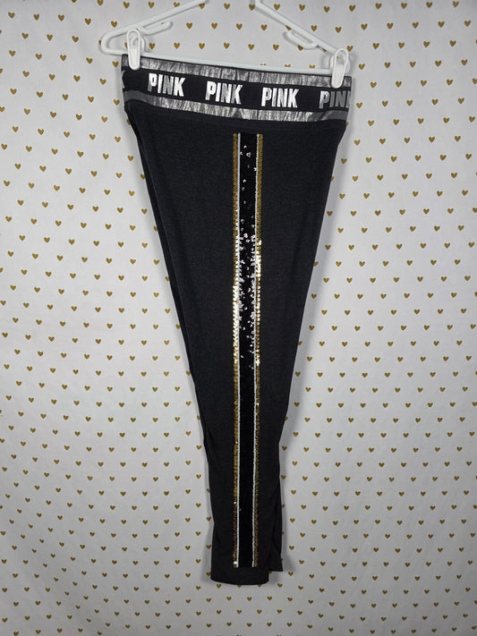Victorias Secret PINK BLING Yoga Pants Stripe SEQUIN Black Gold LARGE