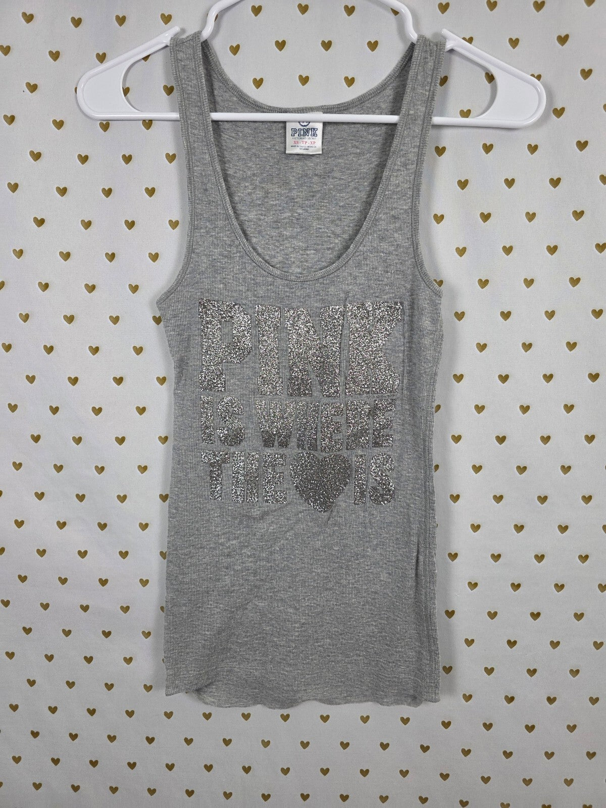 Victorias Secret PINK Vintage Bling Glitter Y2k Tank Top Is where the heart is