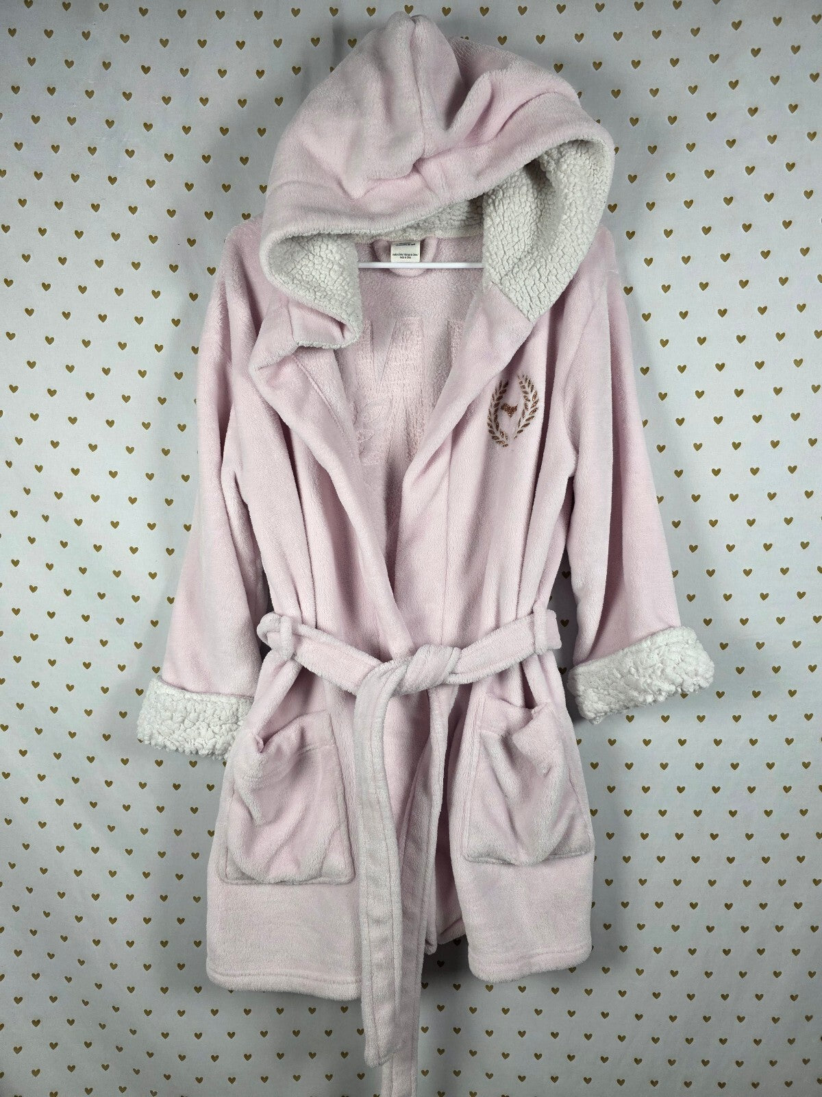 Victorias Secret Pink Thick Fluffy Bling Sequined Gold Crest Hooded Robe Med L