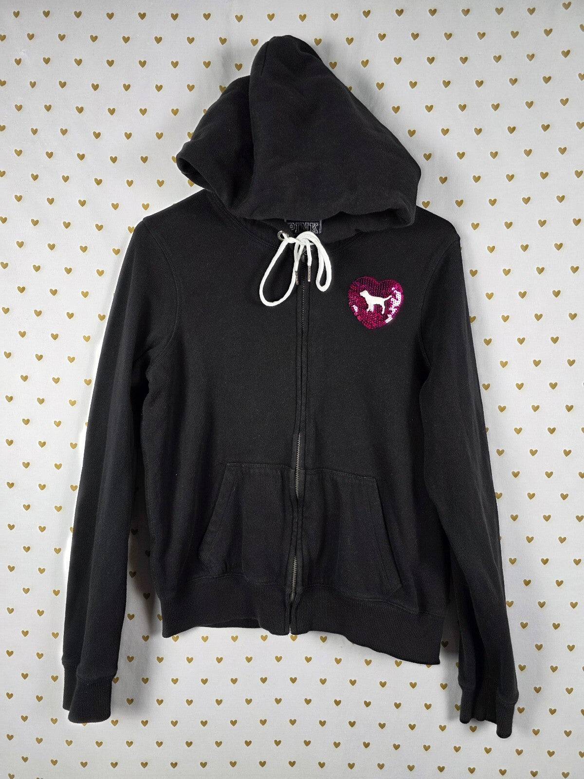 Victorias Secret Pink Bling Heart Logo Full Zip Vintage Y2k Hoodie Jacket Large