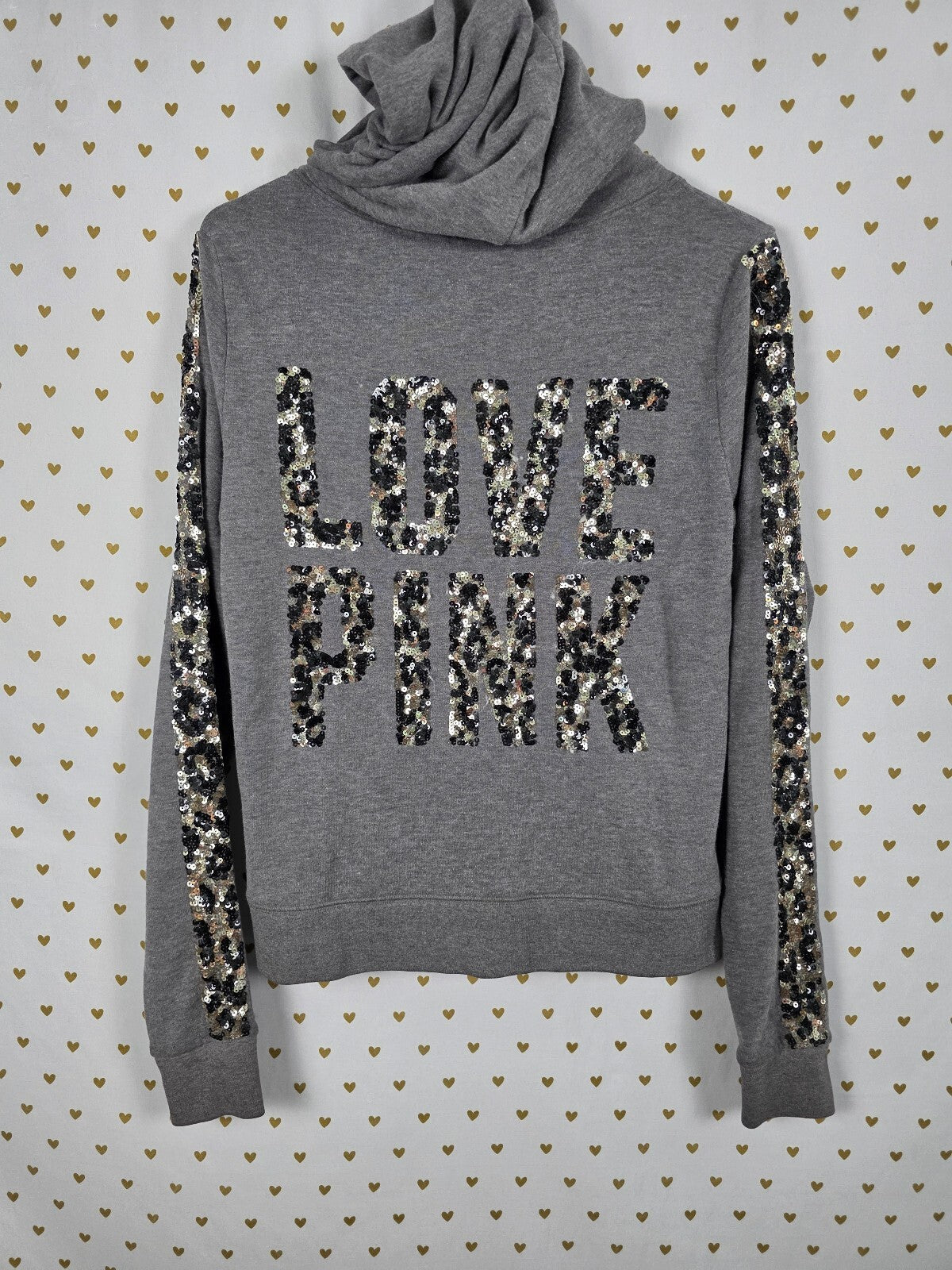 PINK Victoria's Secret Sequin Leopard Sleeve Zip Hoodie LOVE PINK Gray Small