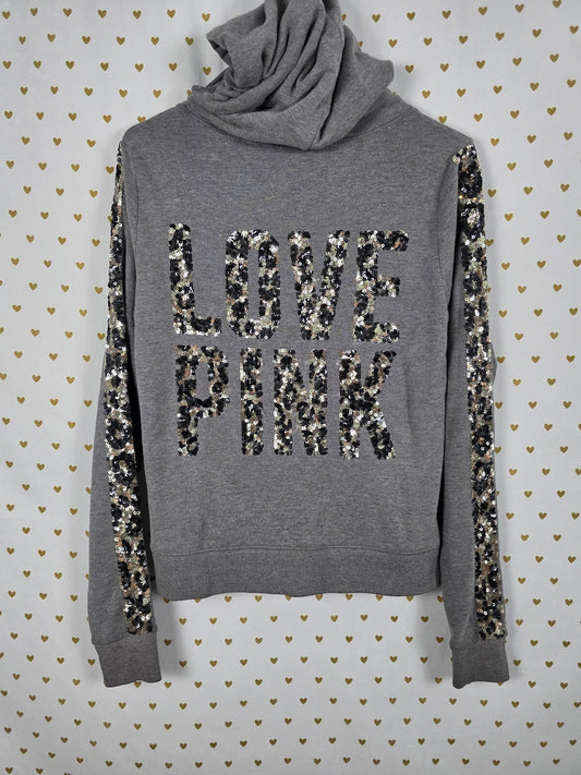 PINK Victoria's Secret Sequin Leopard Sleeve Zip Hoodie LOVE PINK Gray Small