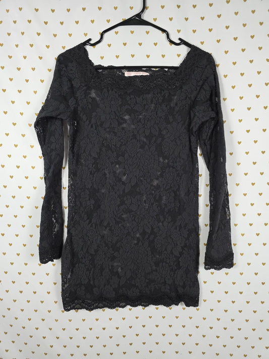 Victoria's Secret Black Floral Lace Sheer Mini Dress Cover Up Long Sleeve XL