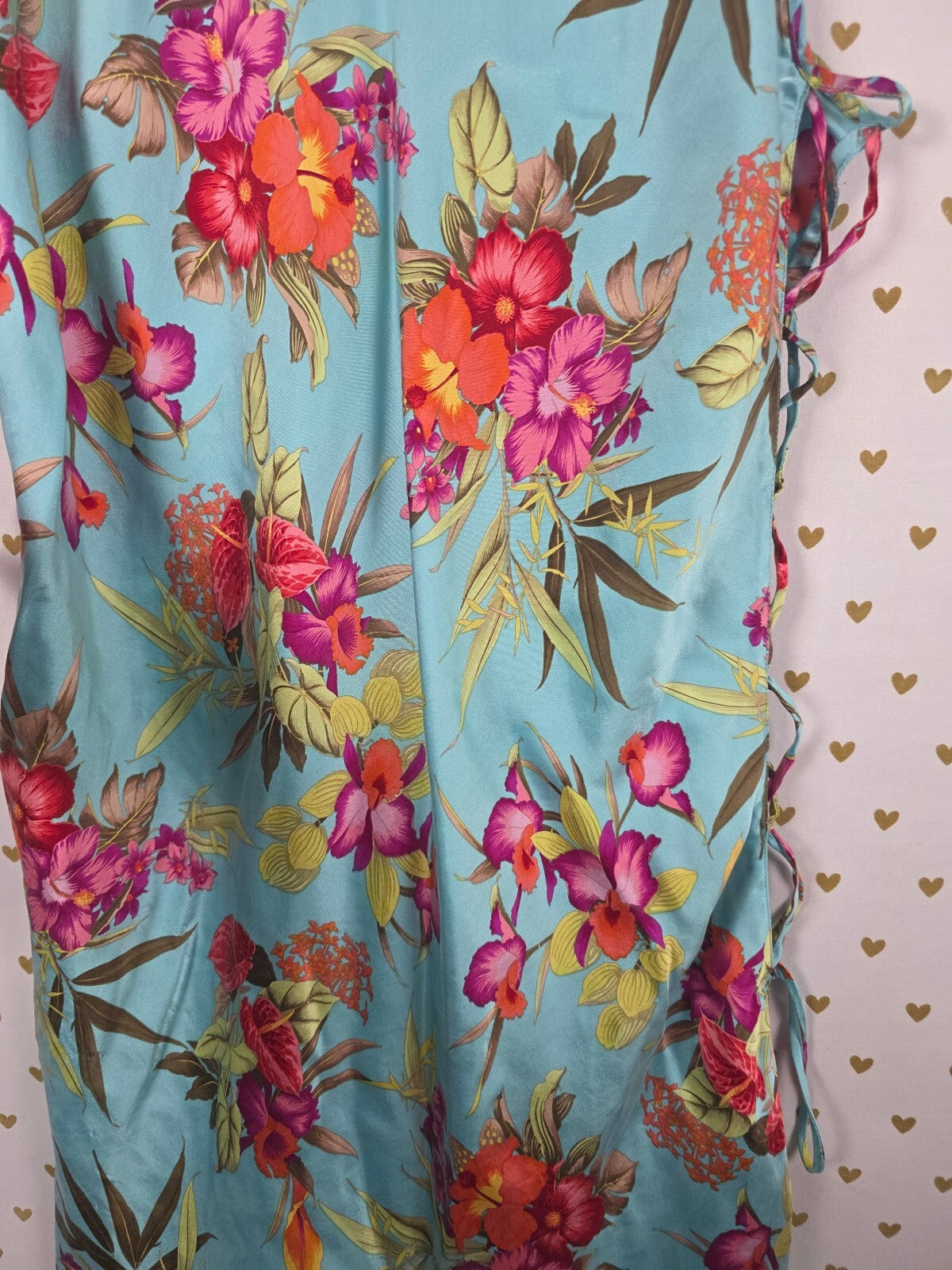 Vintage Victoria's Secret 100% Silk Slip Dress L Blue Tropical Floral Lace Up