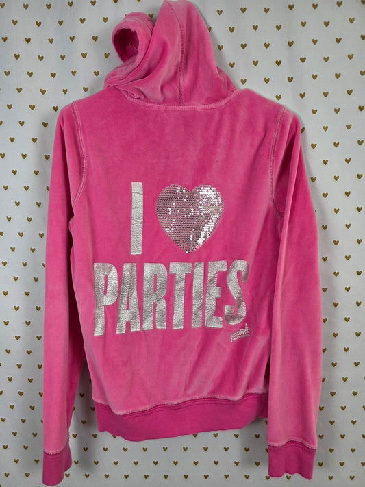 Victoria's Secret PINK Vintage Velour Hoodie M Pink I Love Parties Sequin BLING
