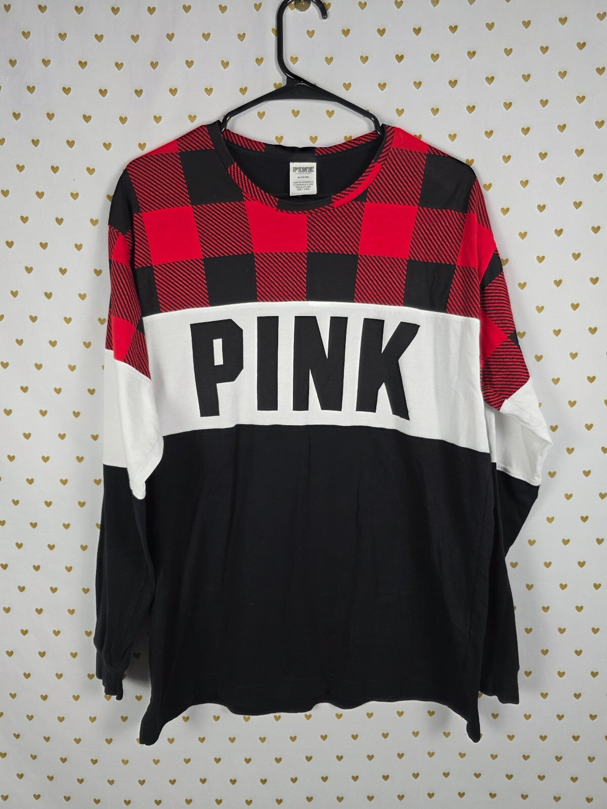 Victorias Secret PINK Buffalo Plaid Long sleeve Logo Tee Shirt Oversized MED