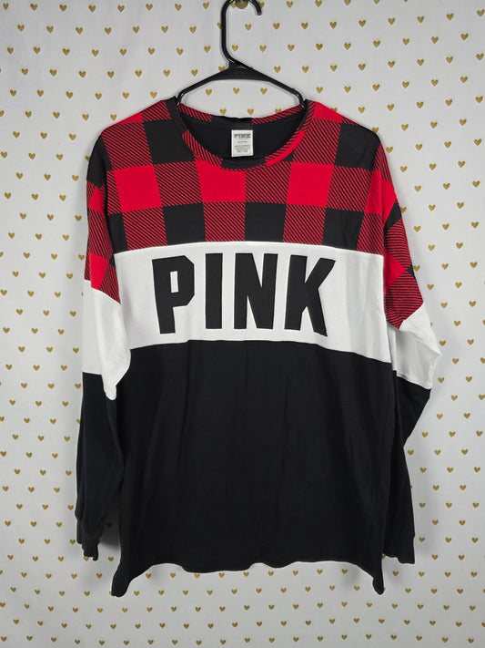 Victorias Secret PINK Buffalo Plaid Long sleeve Logo Tee Shirt Oversized MED