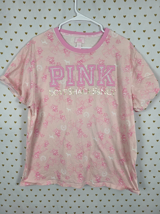 Victorias Secret PINK LOVESHACKFANCY Bows Logo Tee shirt LARGE Floral Campus Tee