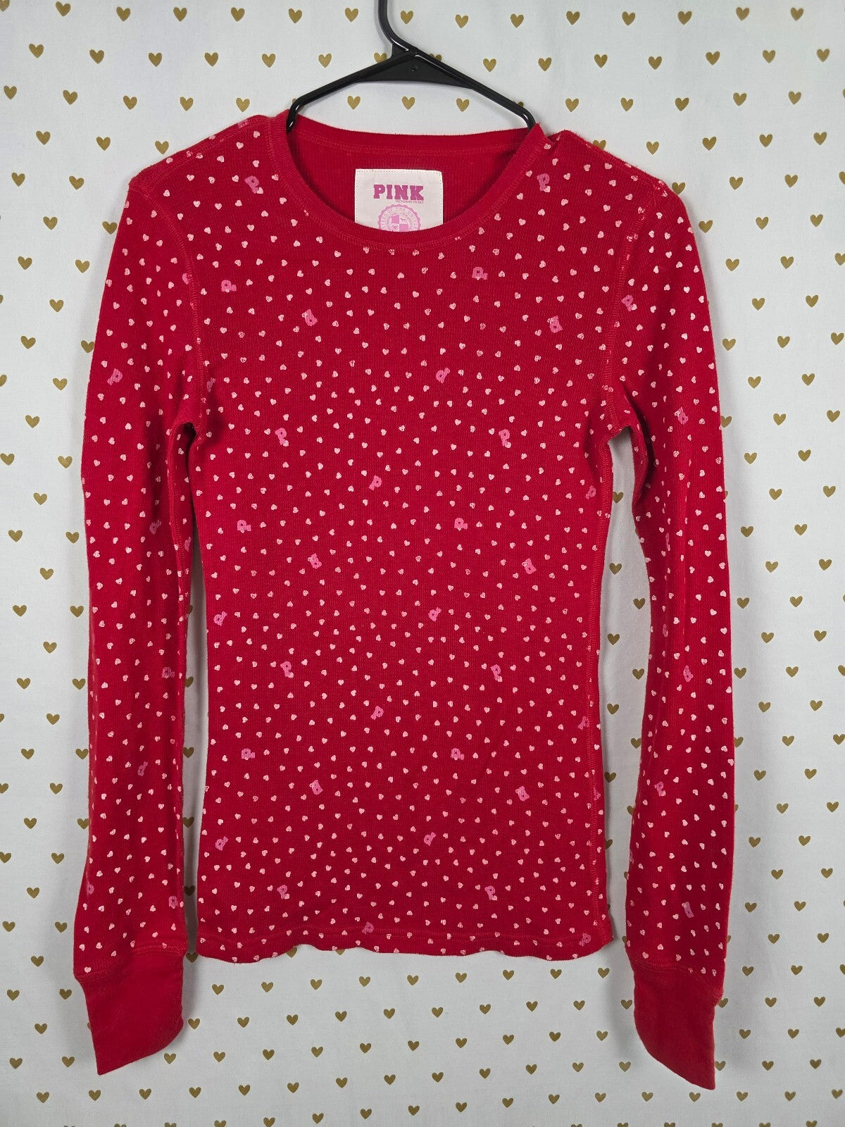 Victoria's Secret PINK 2007 Thermal Shirt Red Hearts Dog Logo Y2K Medium Cotton