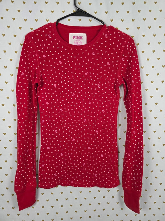 Victoria's Secret PINK 2007 Thermal Shirt Red Hearts Dog Logo Y2K Medium Cotton