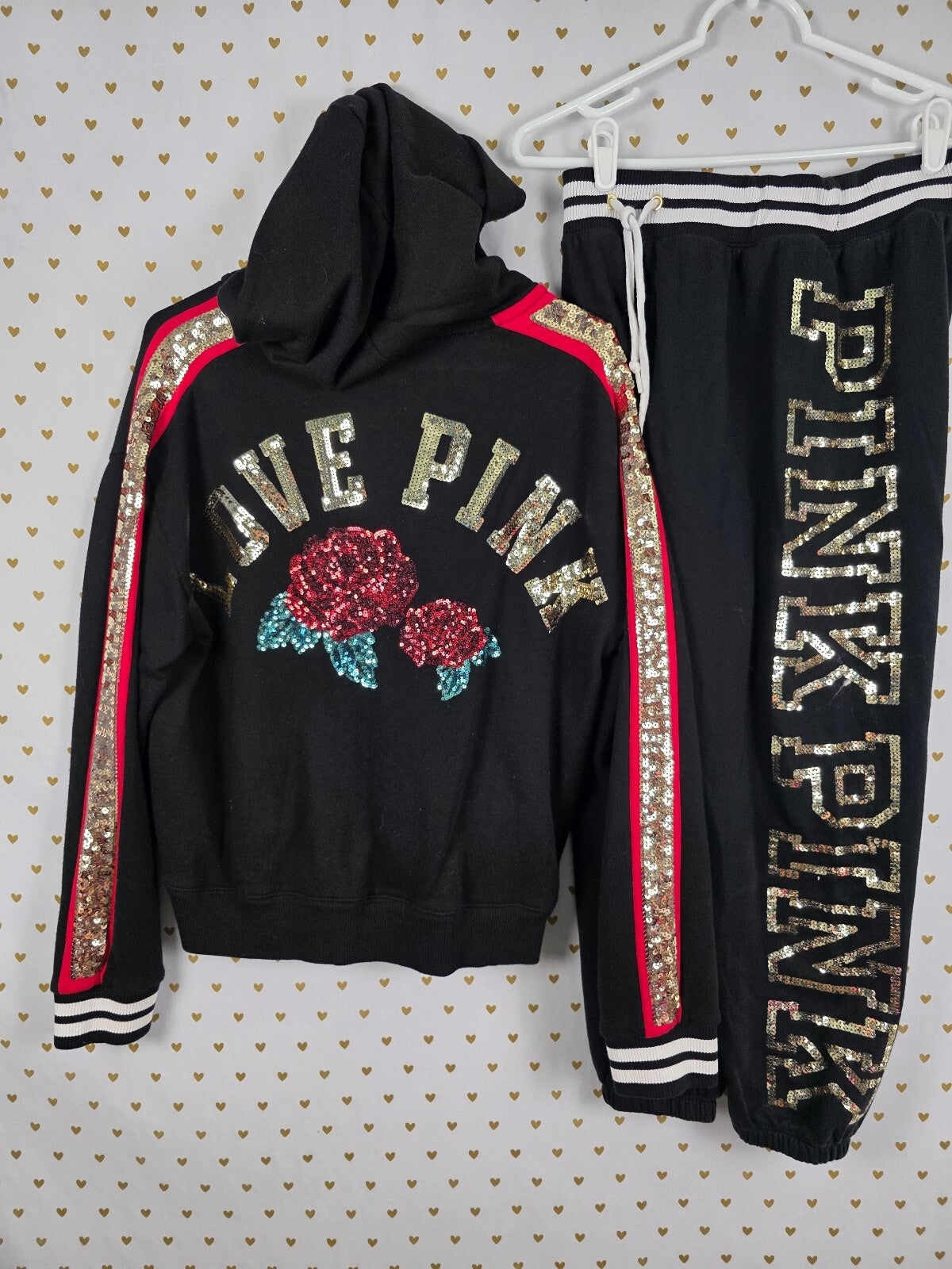 Victorias Secret Pink Rose BLING Set Sweats Pullover Hooded Sweater Sequined Med