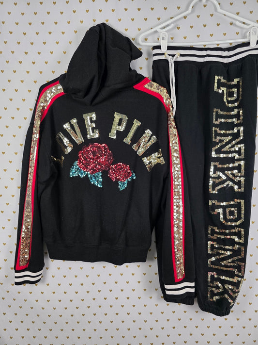 Victorias Secret Pink Rose BLING Set Sweats Pullover Hooded Sweater Sequined Med