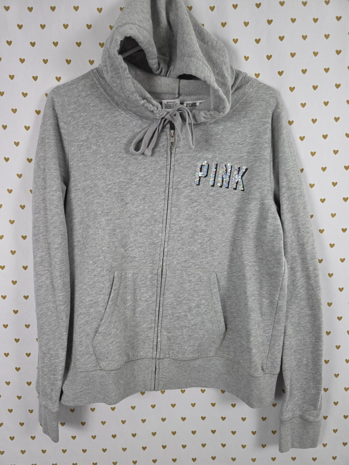 Victorias Secret Pink CHICAGO Bling Heart Sequined Full Zip Hoodie Jacket LARGE