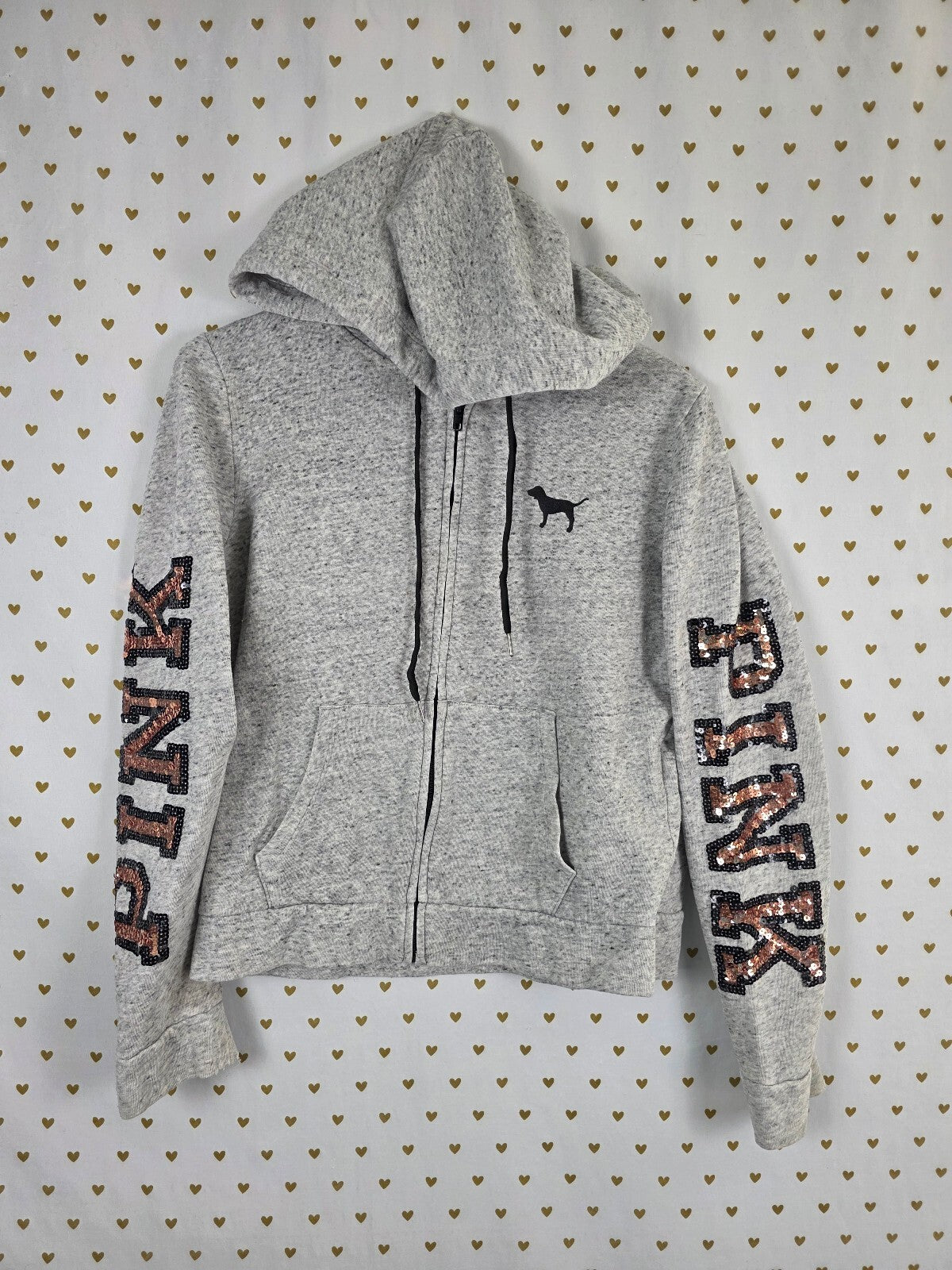 Victorias Secret Pink  Rose Gold Bling Sequined Logo Hoodie Jacket Full Zip M