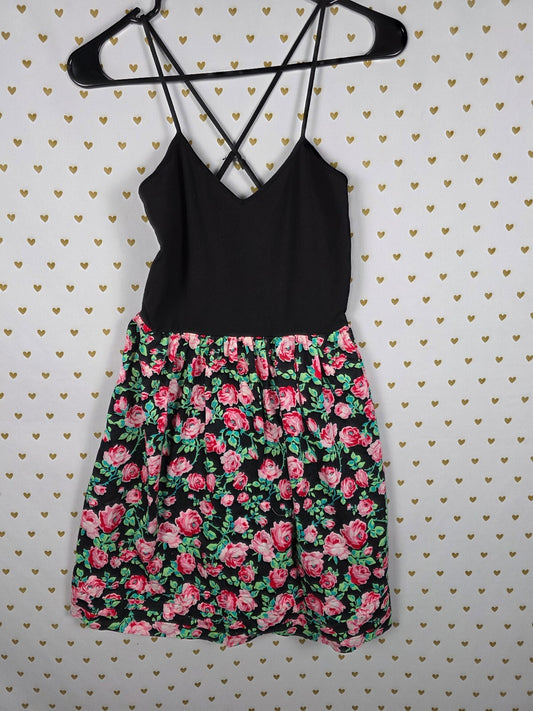 PINK Victoria's Secret Floral Skater Dress Criss Cross Back Black Medium