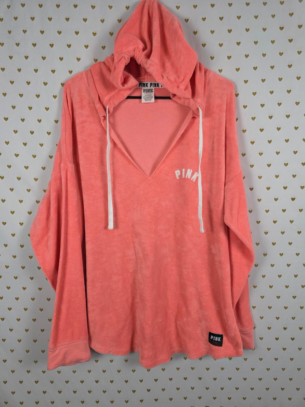 Victorias Secret Pink VELOUR Pullover V neck Hoodie Sweater Orange LARGE