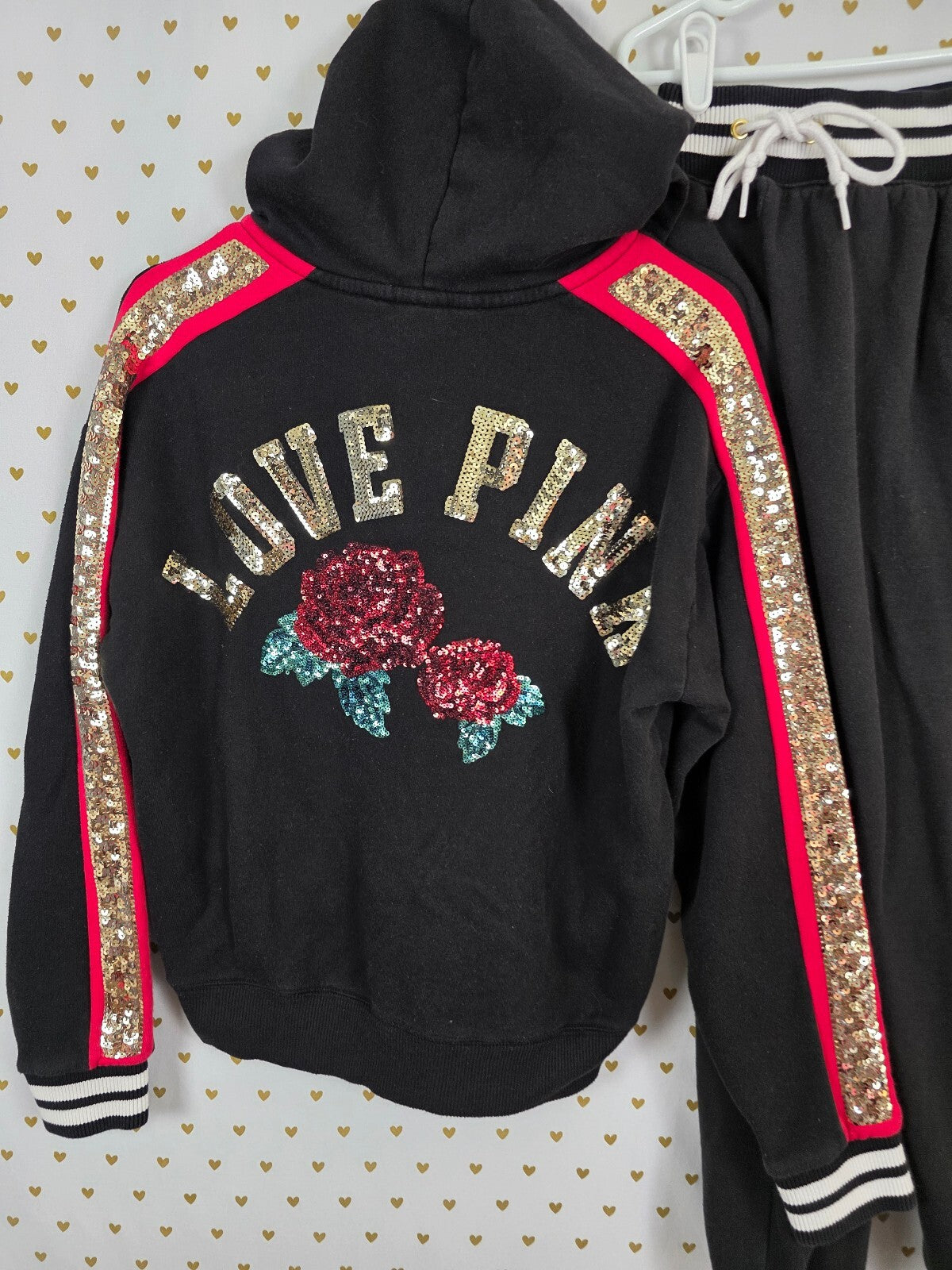 Victorias Secret Pink Rose Bling SET Hooded Sweater sequined Sweatpants Small