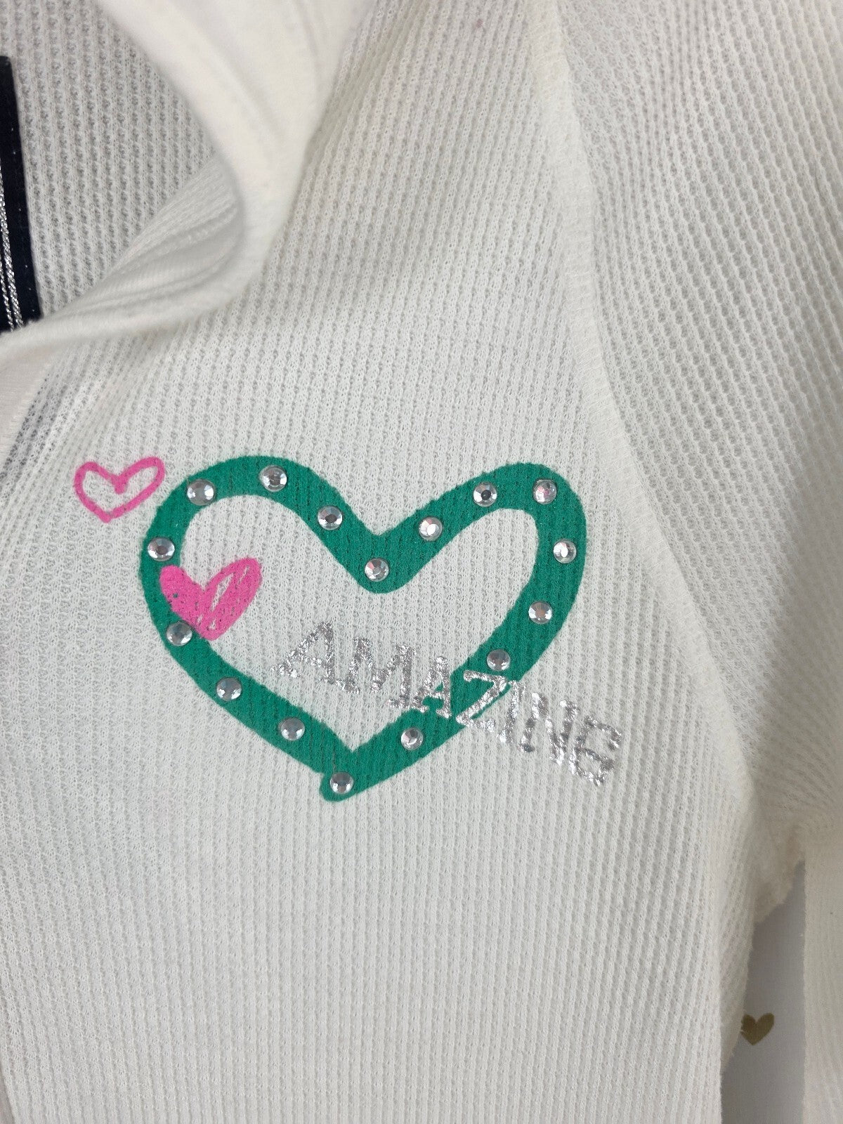 Victoria's Secret PINK Vintage Y2K Thermal Hoodie Bling Heart White Green Henley
