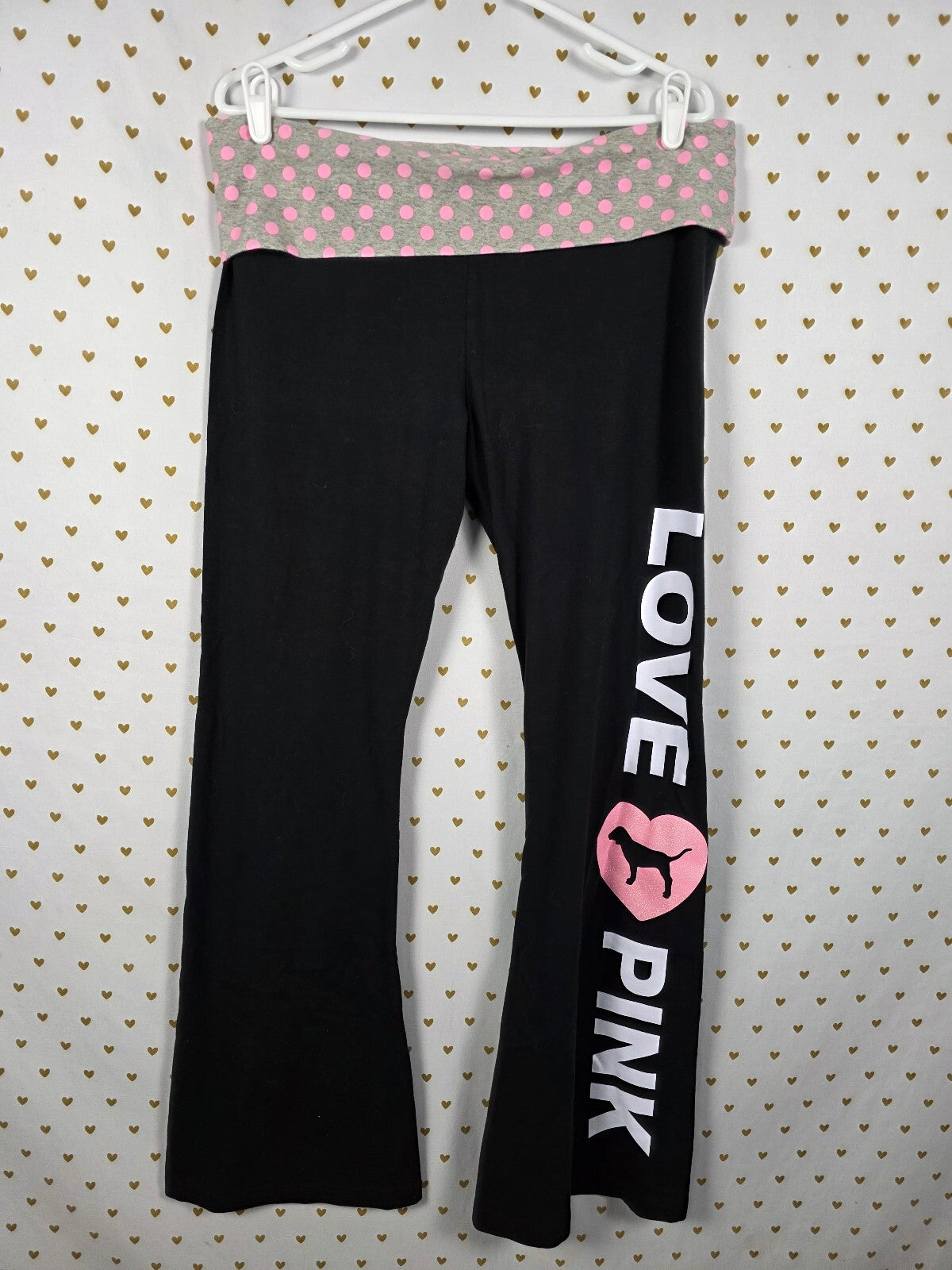 Victorias Secret PINK Polka Dot Campus Originals Foldover Flare Yoga Pants XL