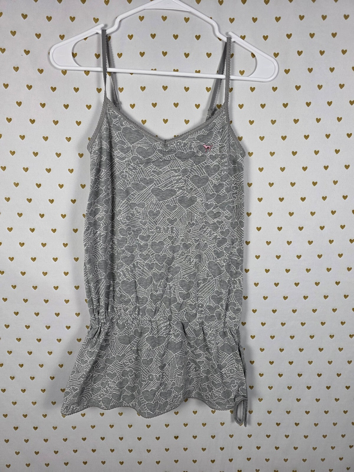 Victoria's Secret PINK Tank Dress XS Gray Hearts Dog Side Tie Ruched Sleep