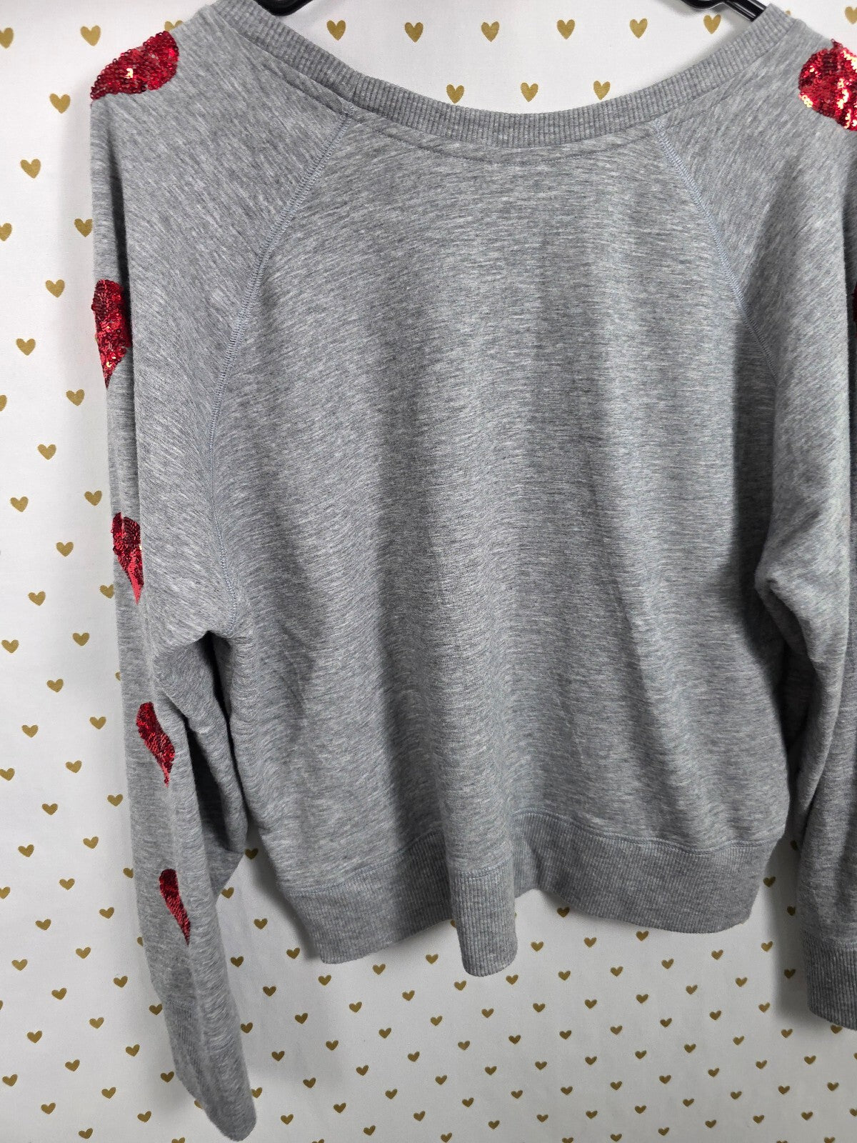 Victorias Secret Pink BLING Sequined HEARTS Sweater Shirt Super Soft Grey XL