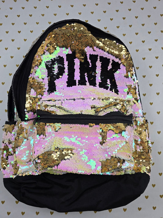 Victoria's Secret PINK Flip Sequin Backpack Gold Pink LOVE PINK Book Bag