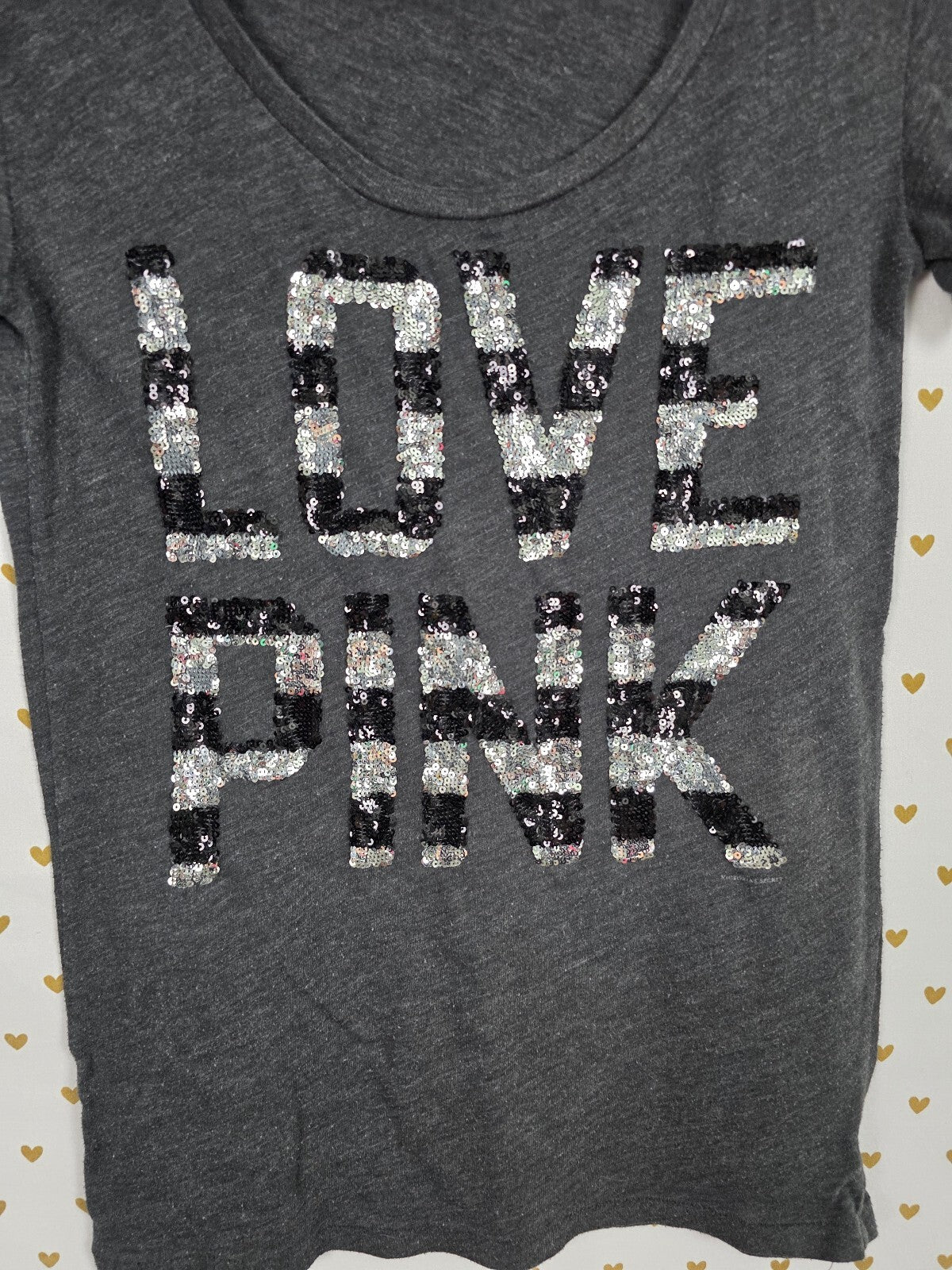 Victorias Secret PINK Bling Striped Sequined Tee shirt Grey Vintage y2k Small