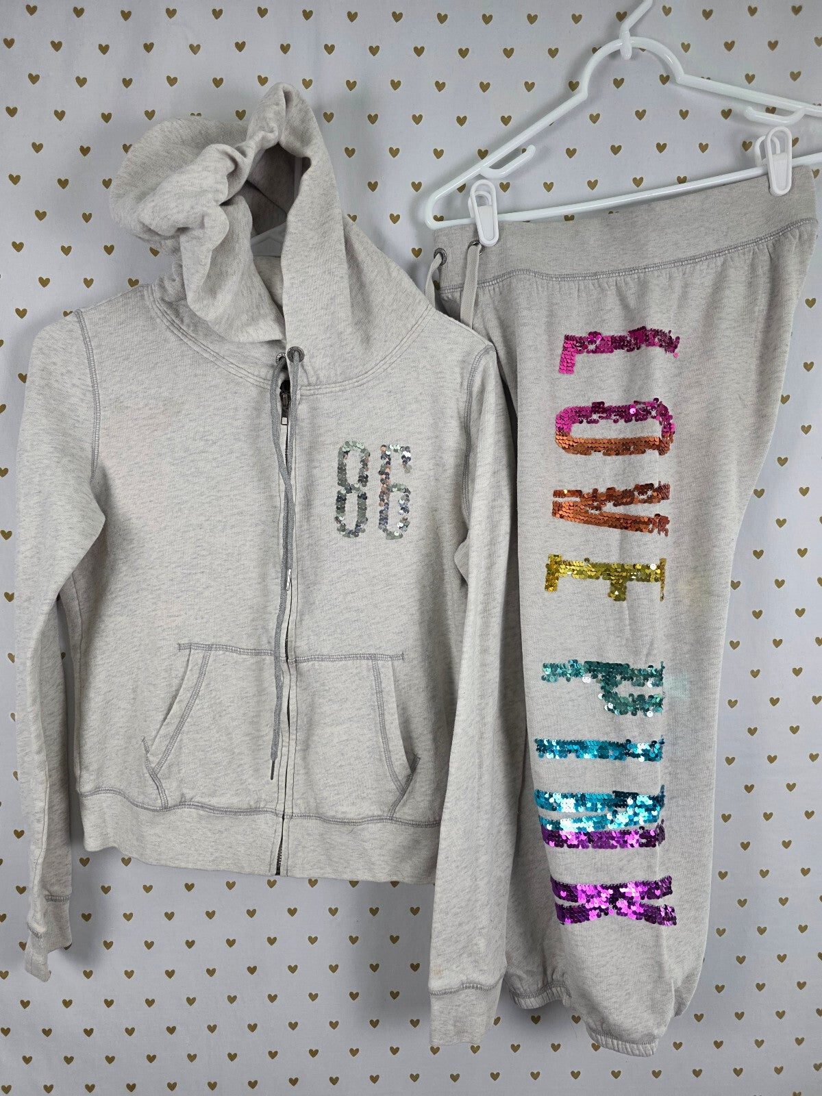 Victorias Secret Pink Rainbow BLING sweats Hoodie SET XS SMALL Jacket Vintage