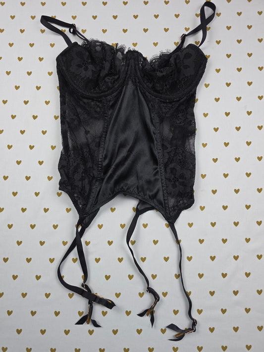 Victoria's Secret Black Lace Satin Bustier Corset Bodysuit 34C Sheer Lingerie