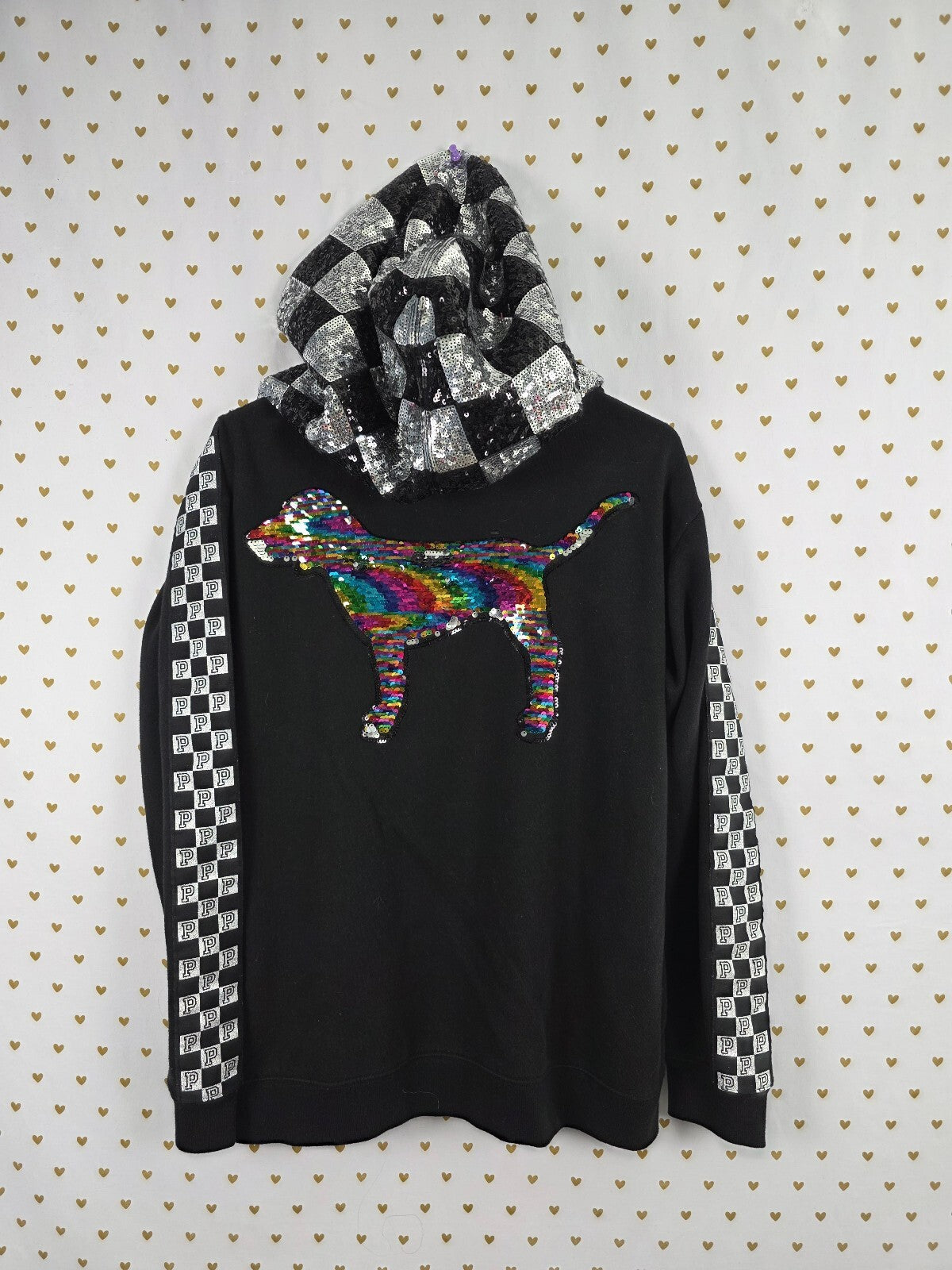 RARE Victoria's Secret PINK MEGA BLING Sequin Checkerboard Hoodie Dog M Rainbow