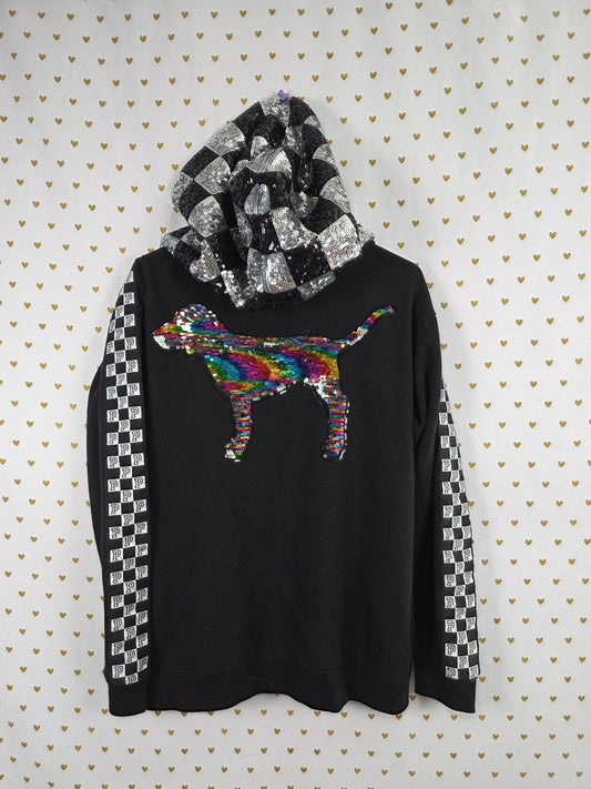 RARE Victoria's Secret PINK MEGA BLING Sequin Checkerboard Hoodie Dog M Rainbow