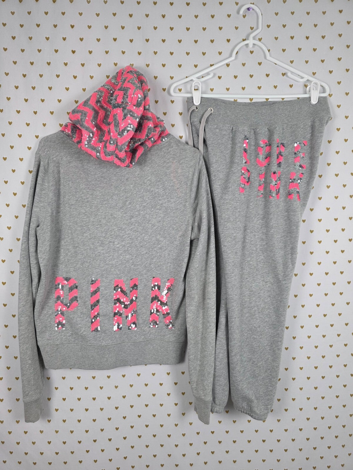 Victoria's Secret PINK Sequin Chevron Hoodie Jogger Set Gray Pink M/XS