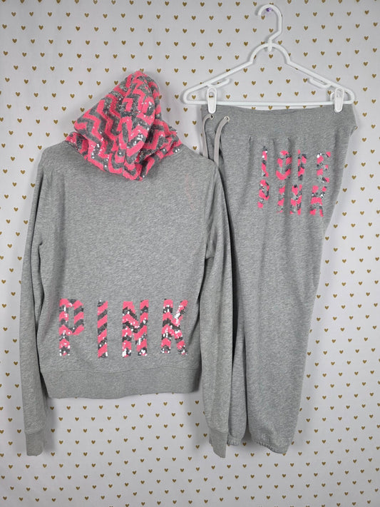 Victoria's Secret PINK Sequin Chevron Hoodie Jogger Set Gray Pink M/XS