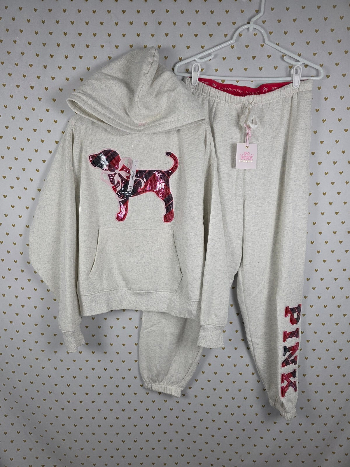 NWT VS PINK x LoveShackFancy Sequin Dog Hoodie Jogger Set M Short Plaid
