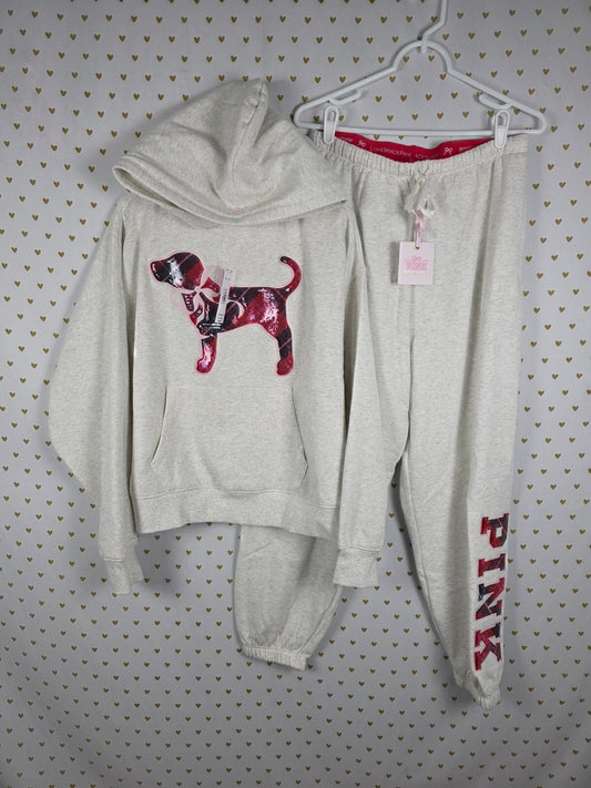 NWT VS PINK x LoveShackFancy Sequin Dog Hoodie Jogger Set M Short Plaid