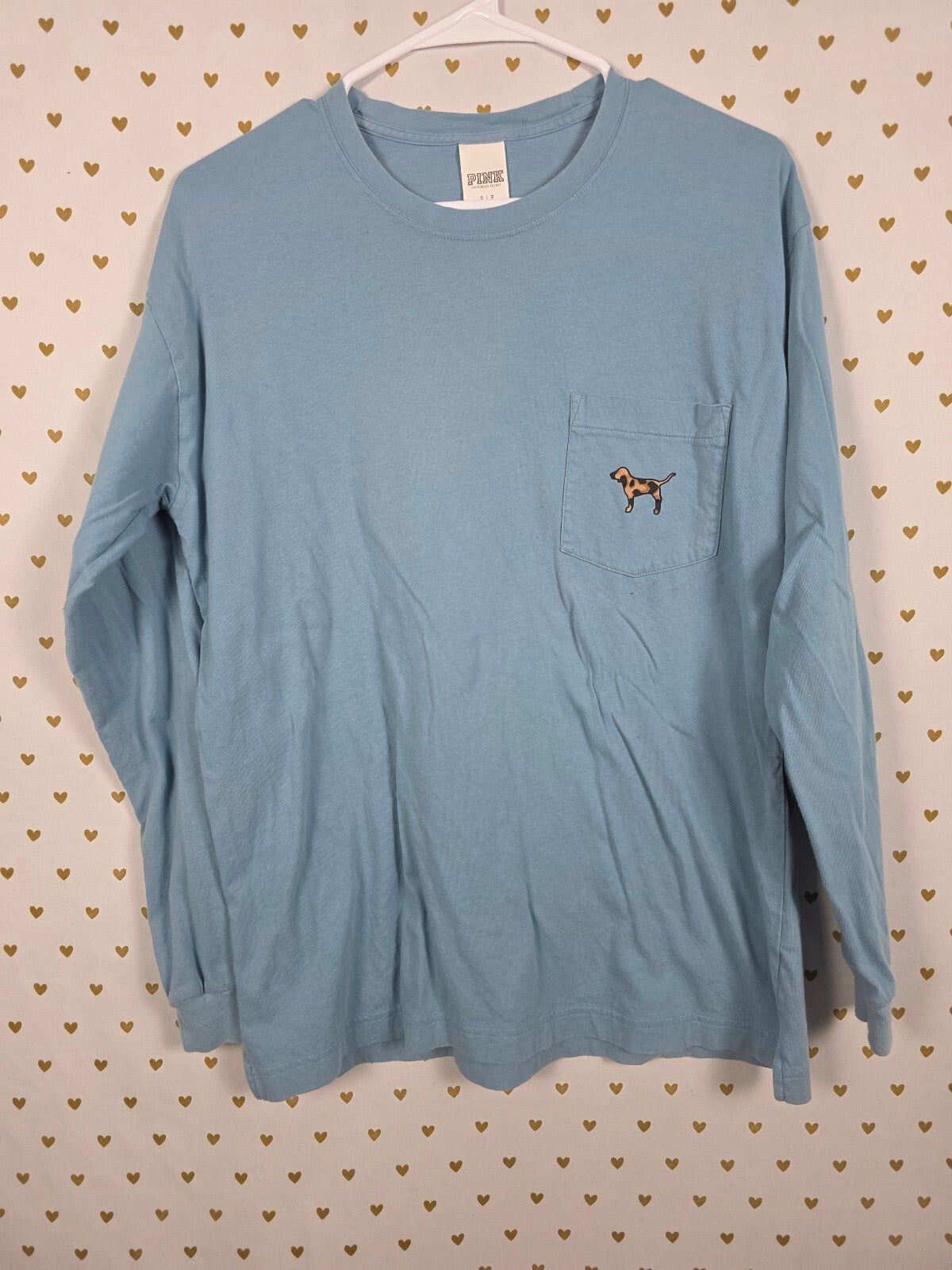 Victorias Secret PINK Long Sleeve Leopard Cheetah Blue Tee shirt Dog Logo Sm
