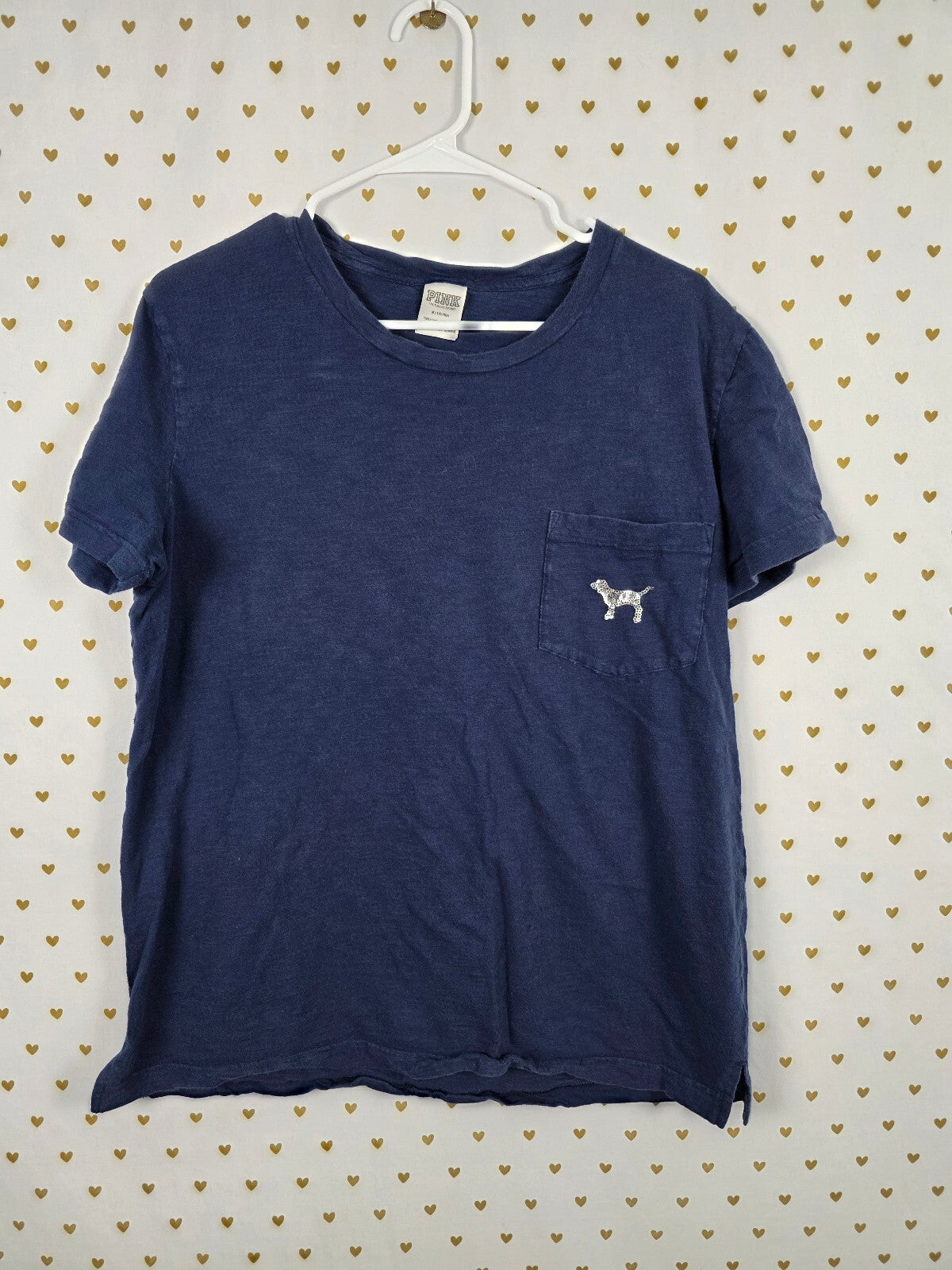 Victorias Secret PINK Blue Silver Sequined BLING Tee shirt Pocket MEDIUM