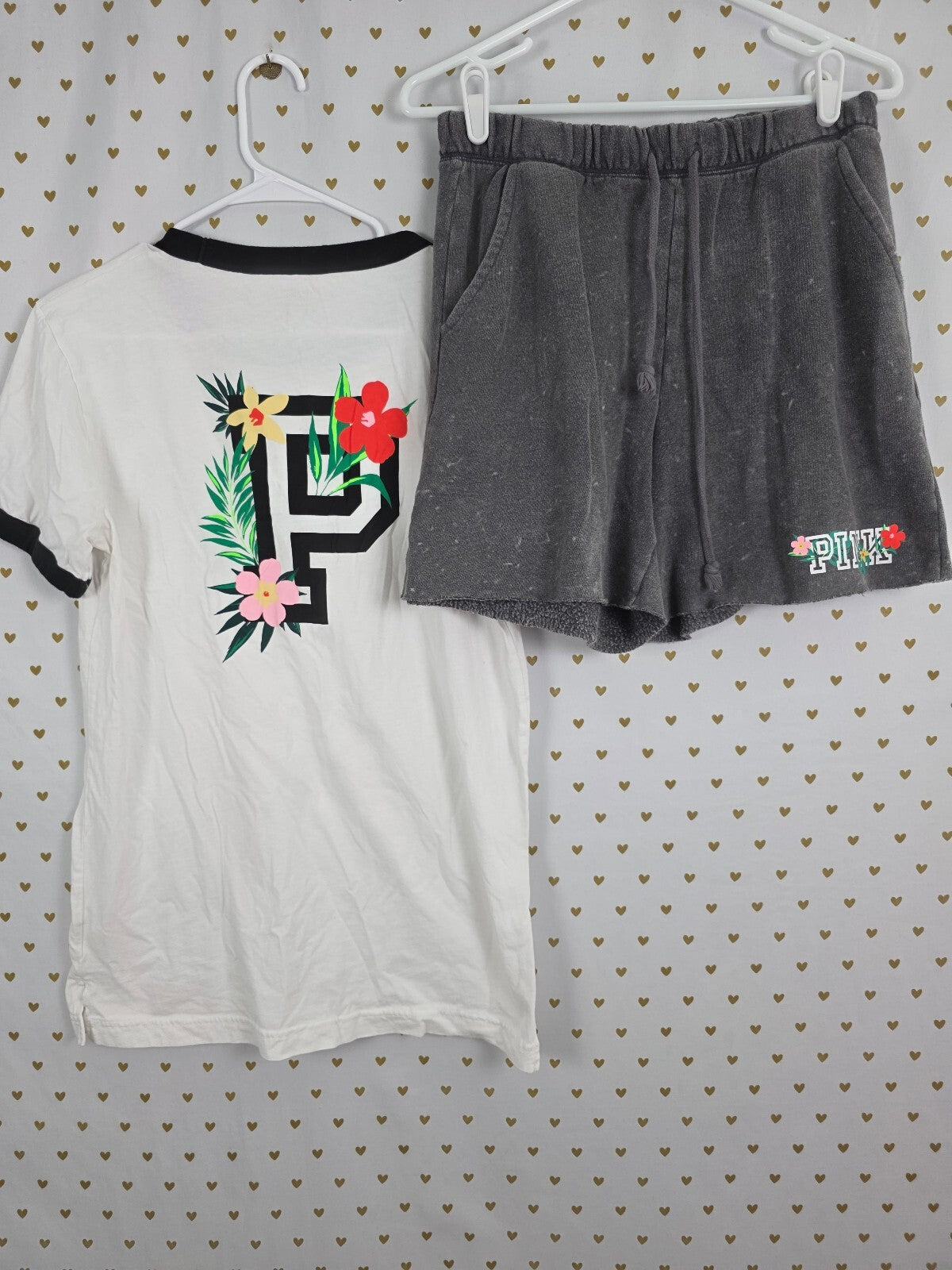 Victorias Secret PINK Hibiscus Vintage Hawaiian Tee shirt Sweat Shorts SET SMALL
