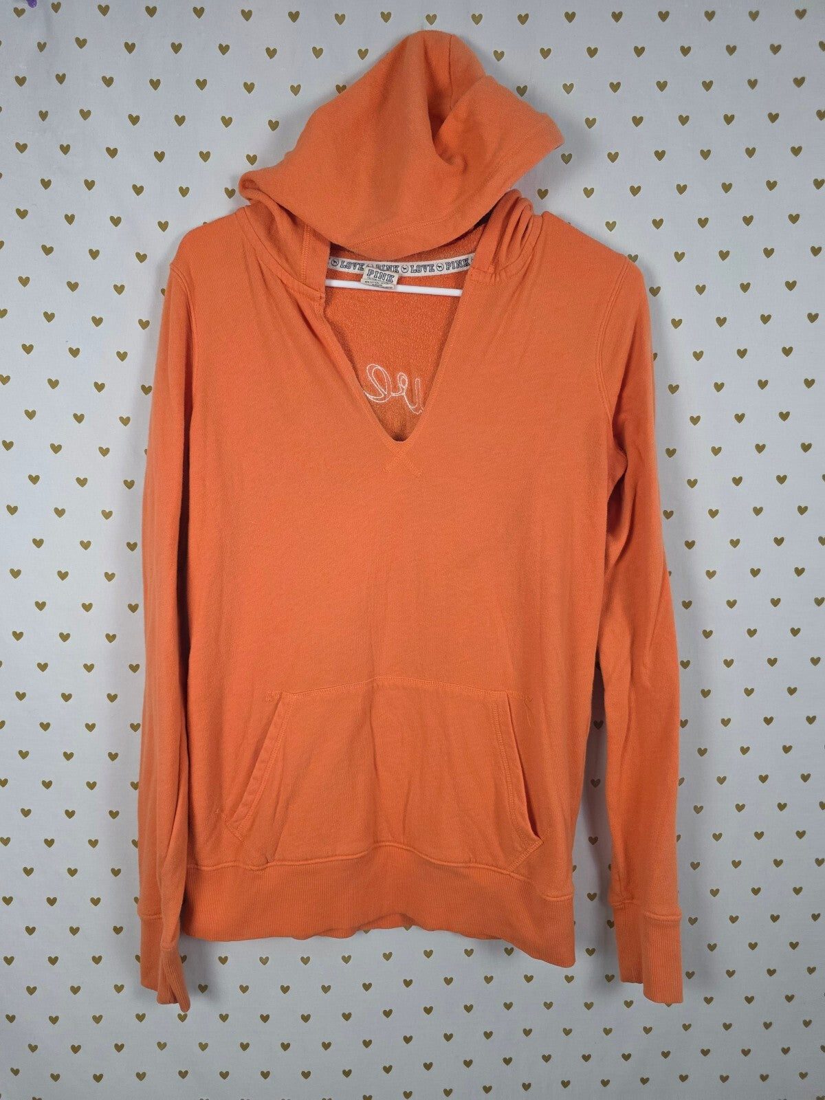 Victorias Secret Pink Pullover LOVE Orange V Neck Hoodie Sweater XS