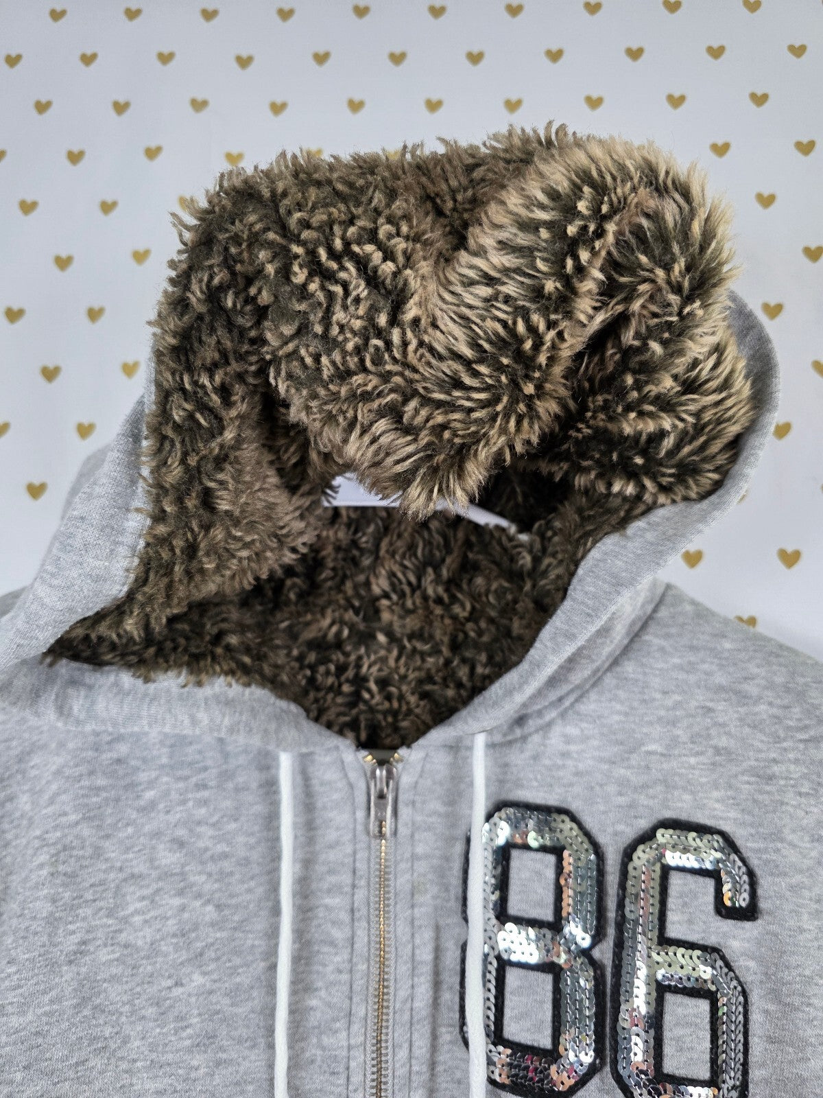 Victorias Secret Pink Fur LIned Bling Full zip Hoodie Jacket LOVE Sequined Med
