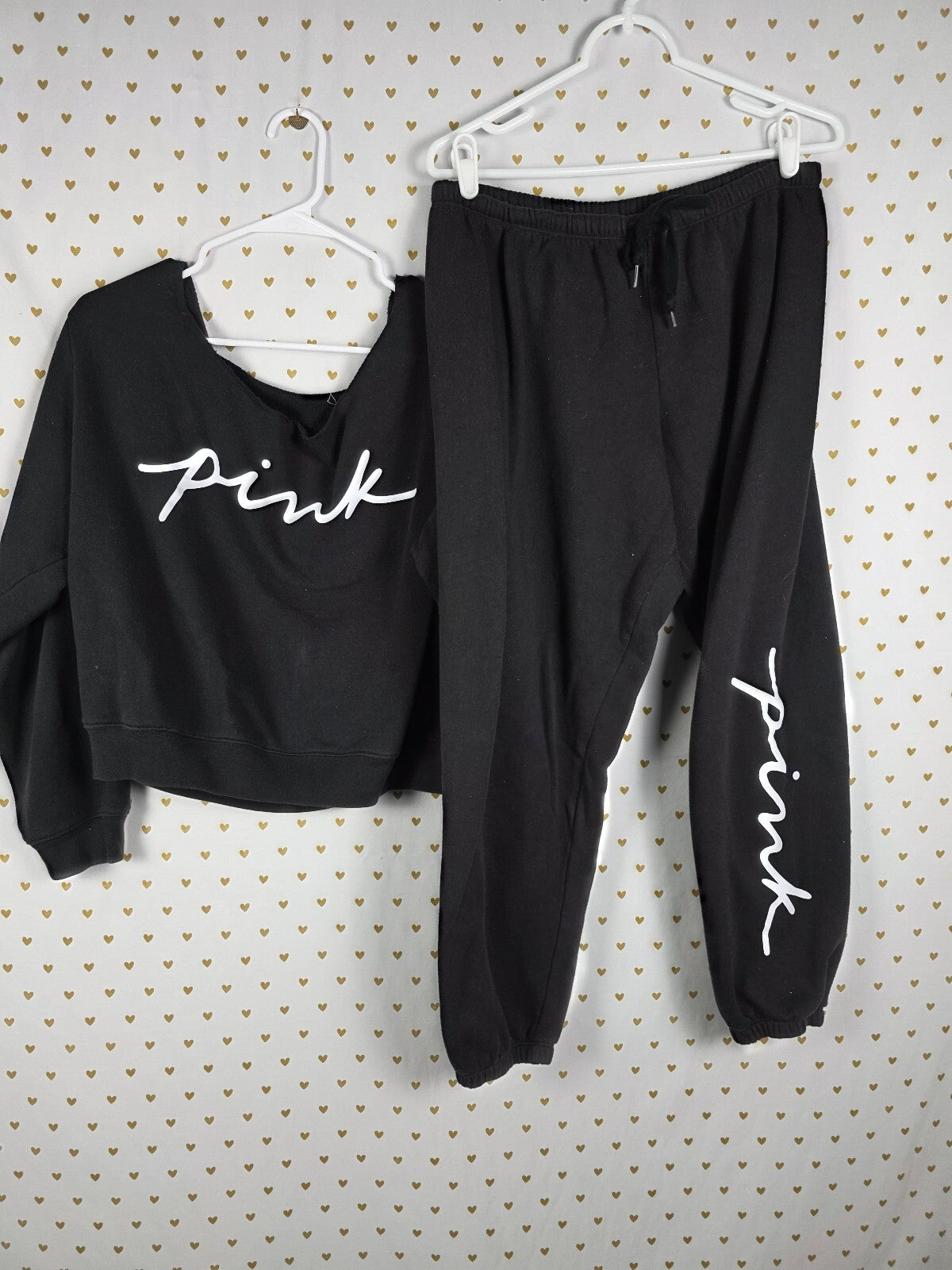 Victorias Secret PINK Slouchy Sweater Set Sweatpants Large Black Logo Sweats 2pc
