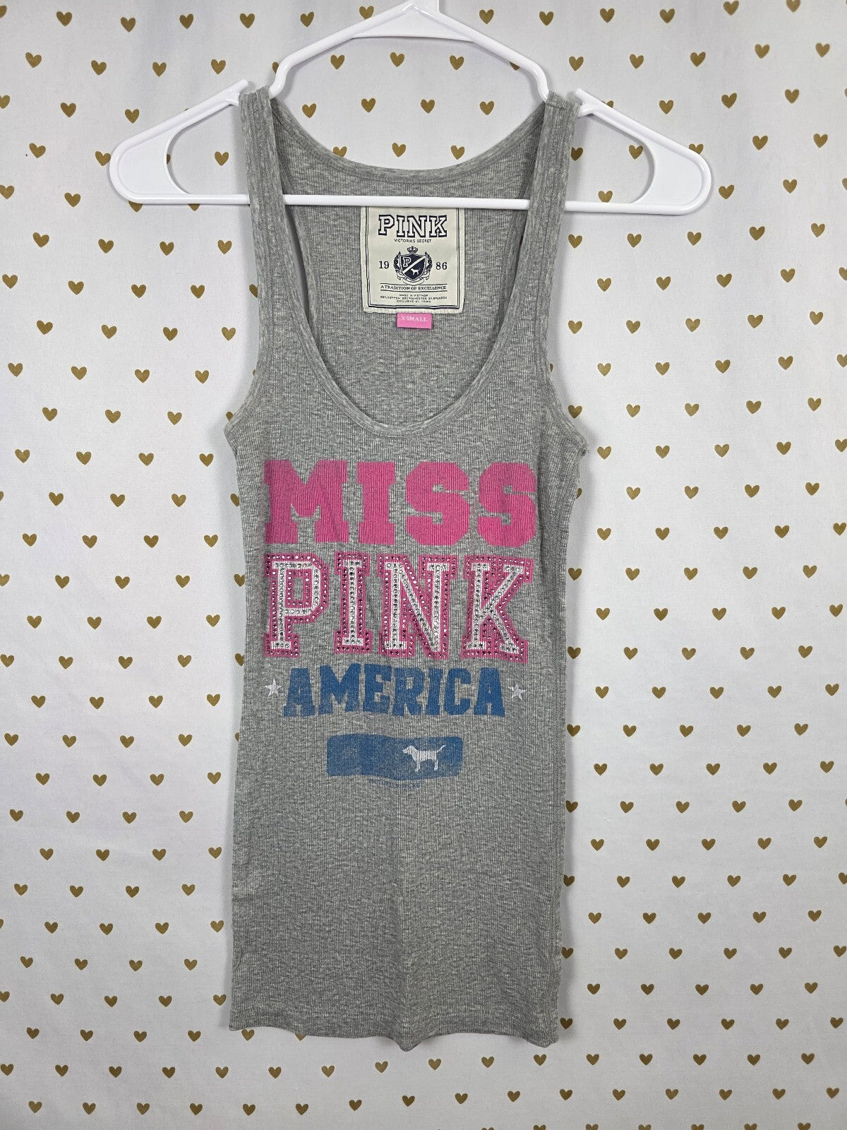 Victoria’s Secret PINK Miss PINK America Rhinestone Tank Top XS Gray BLING