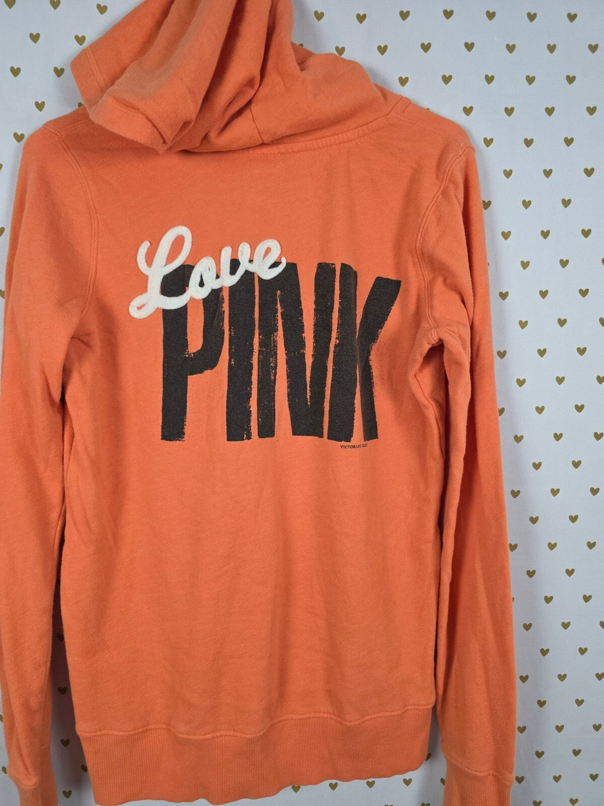 Victorias Secret Pink Pullover LOVE Orange V Neck Hoodie Sweater XS