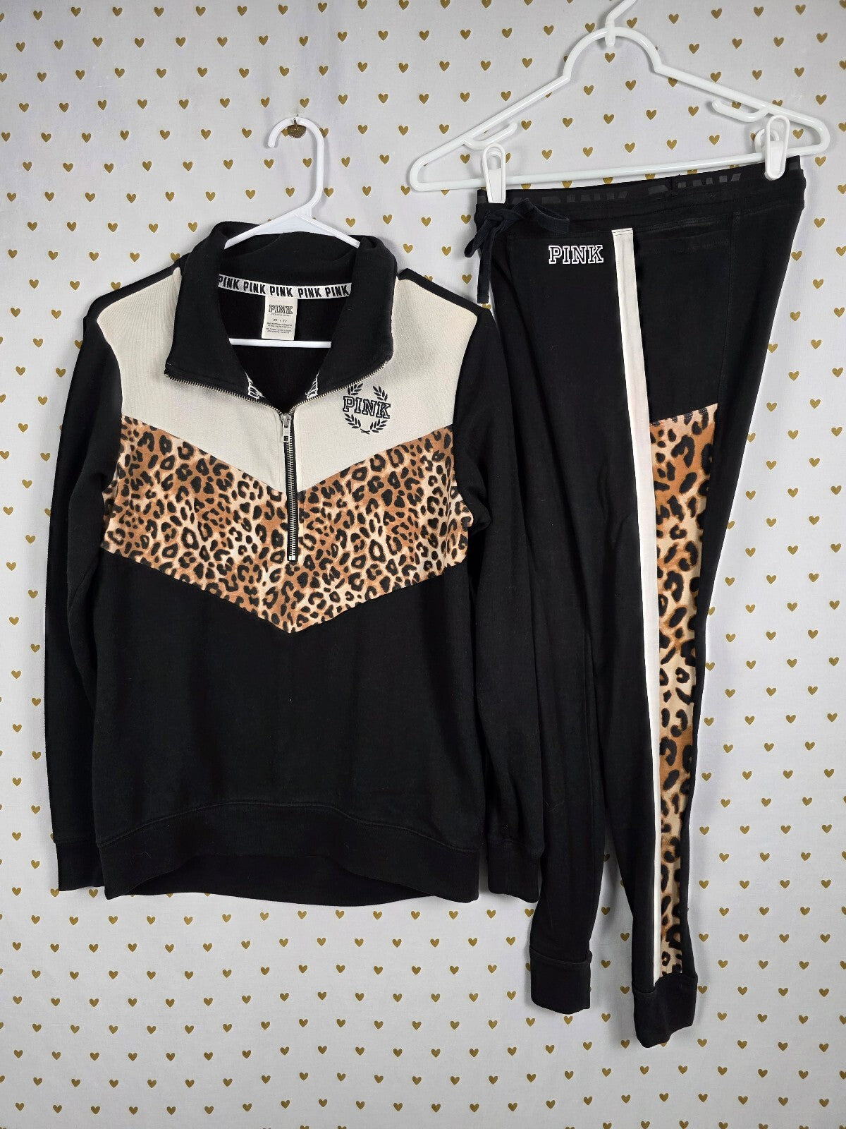 Victorias Secret Pink Cheetah Quarter Zip Sweater Yoga Pants SET XS 2pc