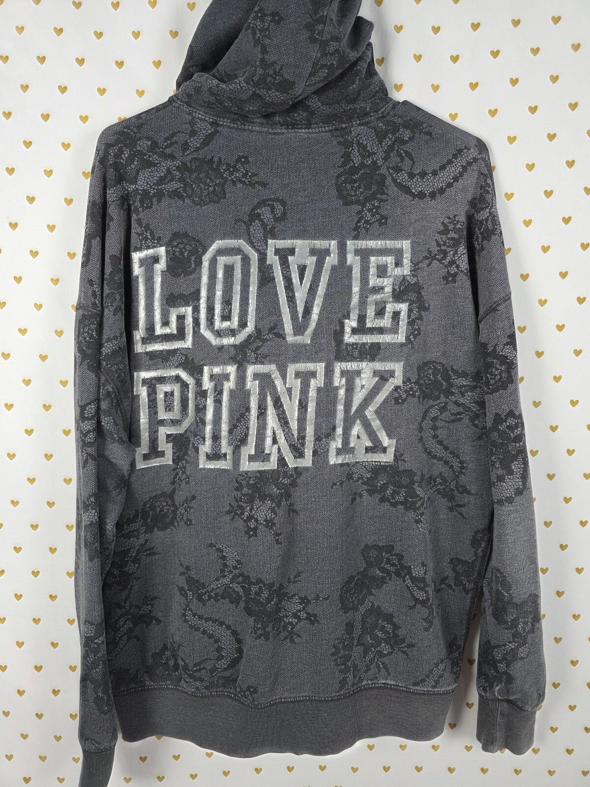 PINK Victoria's Secret Gray Lace Floral Zip Hoodie Jacket LOVE PINK Graphic M