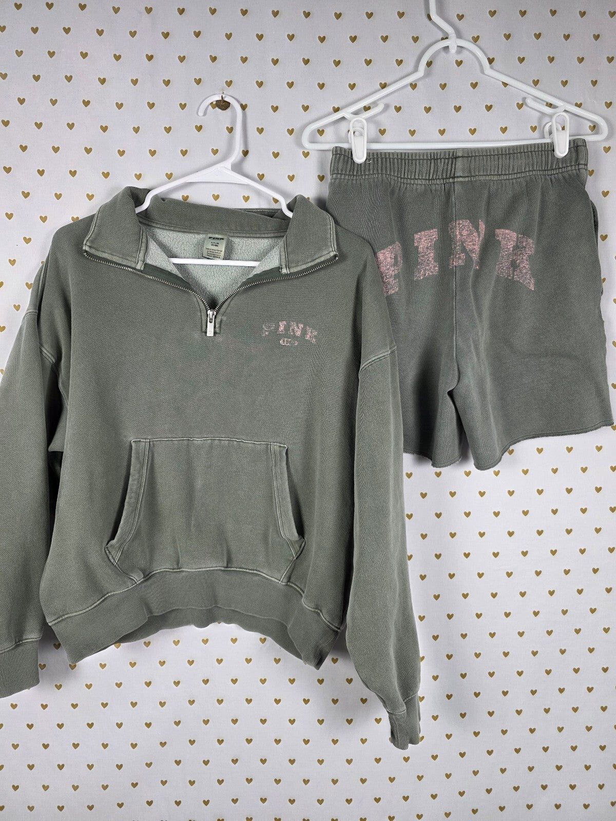 Victorias Secret Pink Sweater Shorts SET outfit Small Quarter Zip Green