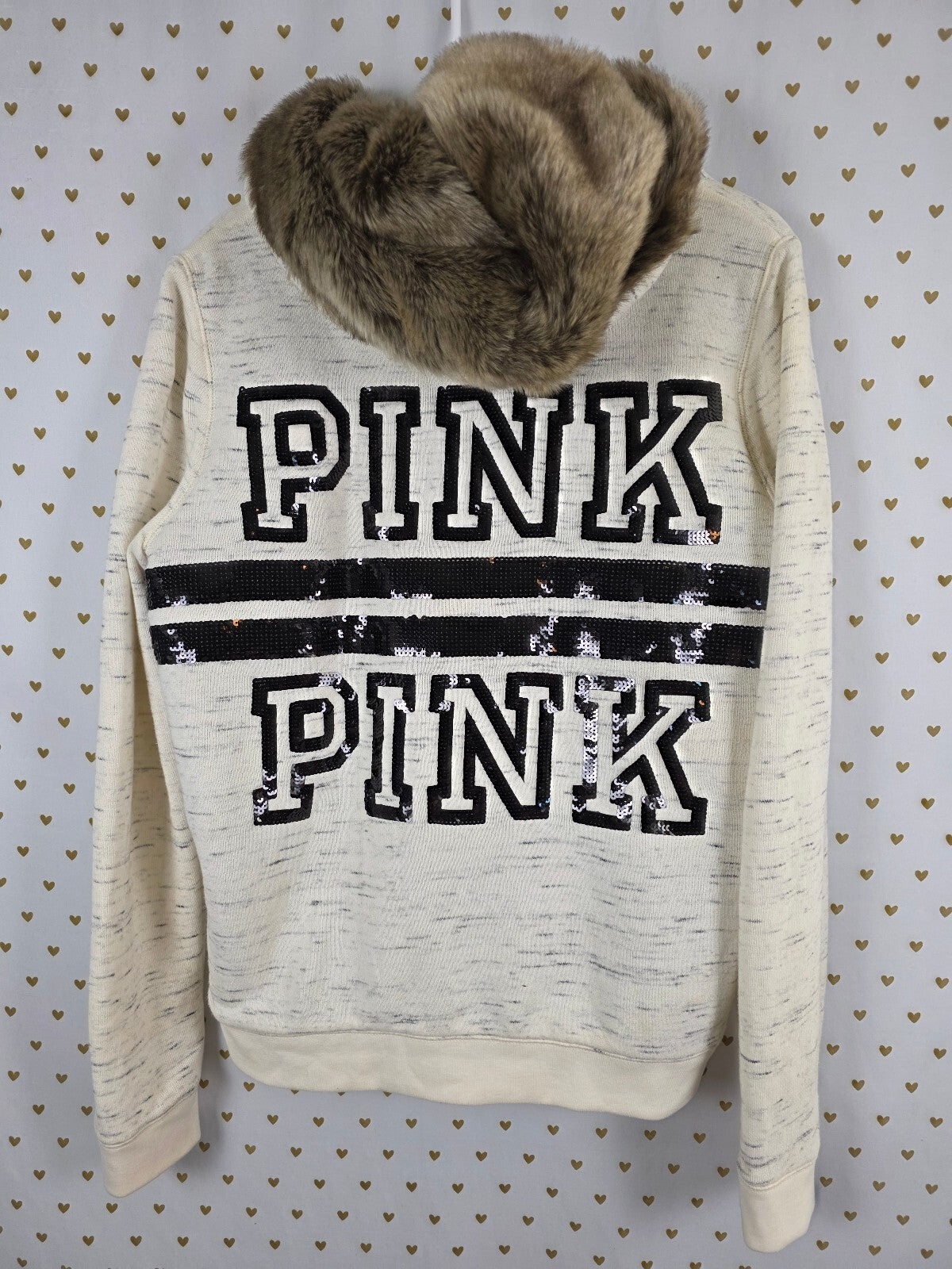 Victoria's Secret PINK Faux Fur Hood Sequin BLING Full Zip Hoodie Large