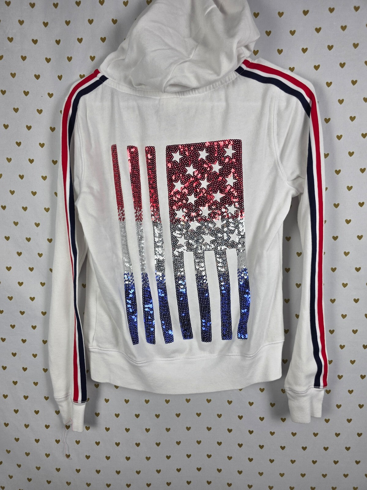 Victorias Secret Pink USA American Flag Bling sequined Gradient Hoodie Jacket Sm