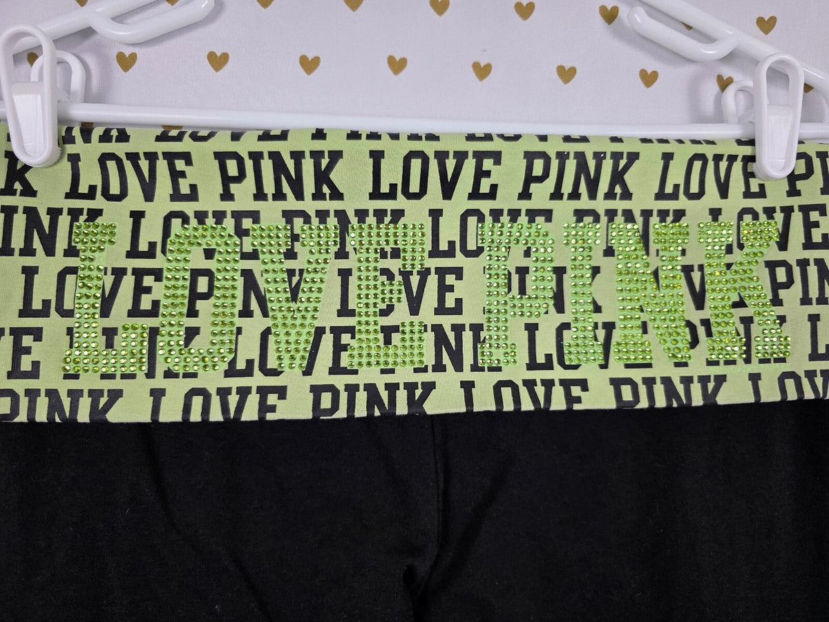 Victorias Secret PINK BLING LOVE Green FOLDOVER Vintage Yoga Pants Y2k L CAPRI