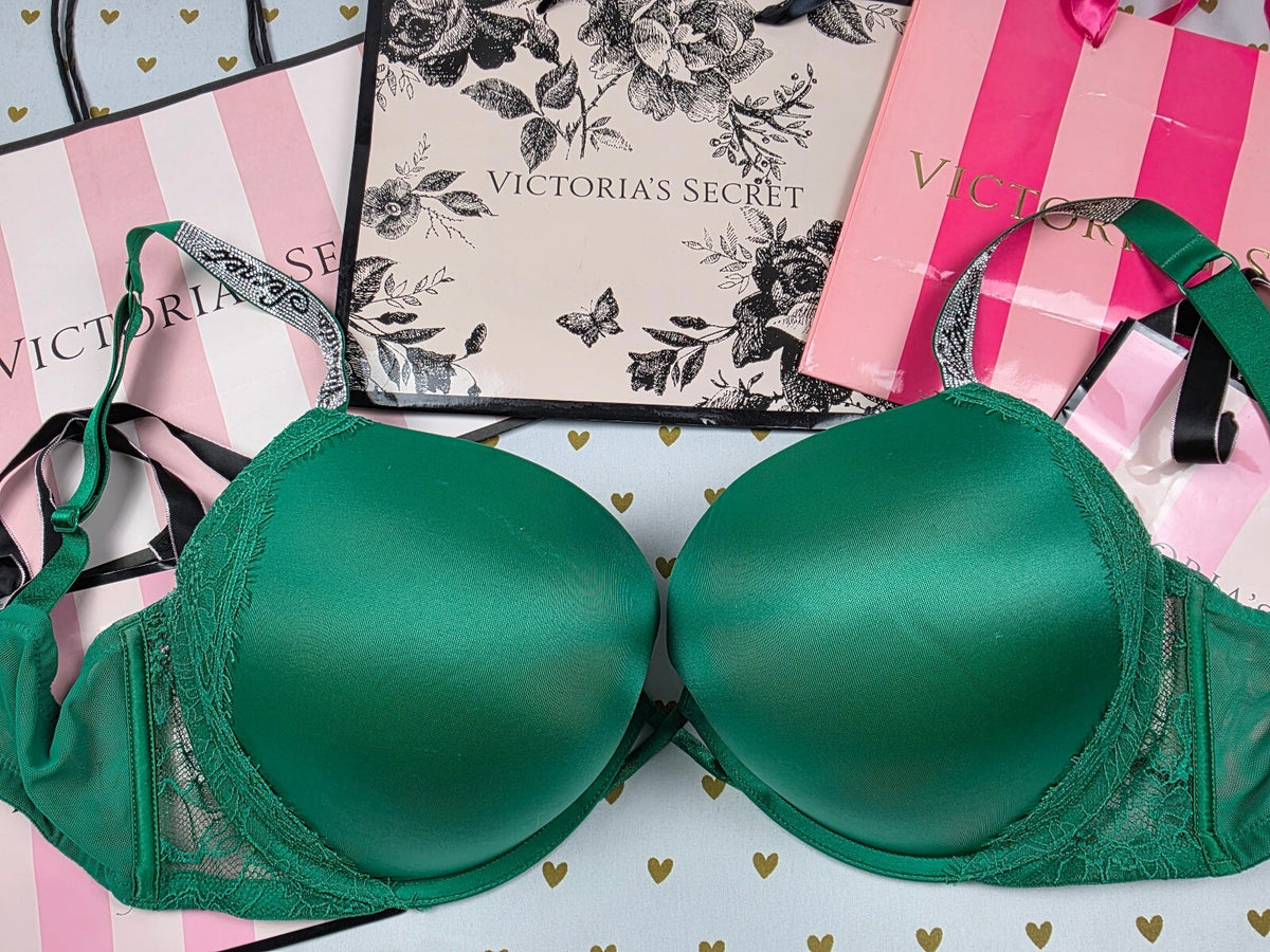 Victorias Secret Green Bombshell add 2 Sizes Bling Strap Bra Push Up 38DD Plunge